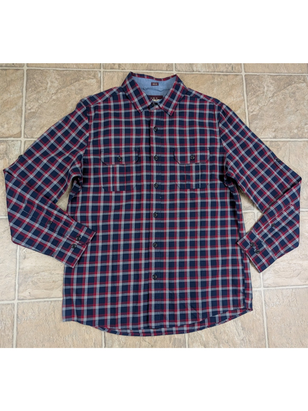 NWOT Alesbury sz S Shirt plaid buttons long sleeve top red blue gray 2139